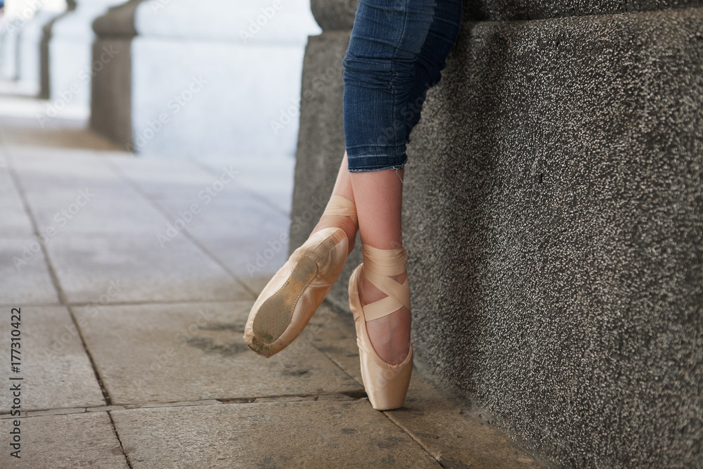 ballerinas legs in jeans on the point. Ballet shoes on the street. Stock  Photo | Adobe Stock