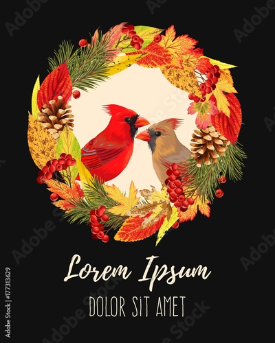 Autumn card with leaves and birds