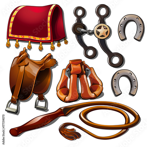 Attributes of cowboy and horse accessories. Set of seven Wild West icons isolated on white background. Vector illustration in cartoon style
