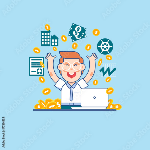 Young successful businessman.Happy manager or business man getting a lot of money.Business concept cartoon illustration