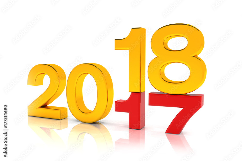 3d render - new year 2018 change concept on a white reflecting background. 3d render - new year 2018 change concept on a white reflecting background.