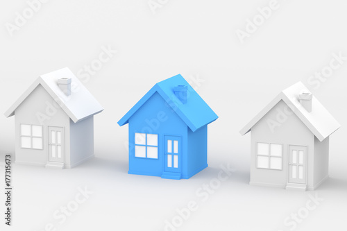 Blue and white house, on white background. 3D Rendering.