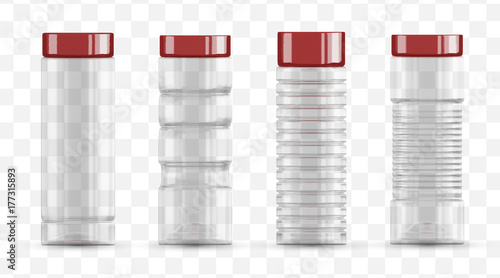 Vector set empty transparent glass jar bottle for water and juice. Template mockup. Plastic bottle