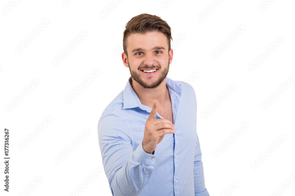 Excited bearded man in checkered shirt pointing fingers at camera isolated on a white background Excited bearded man in checkered shirt pointing fingers at camera isolated on a white background