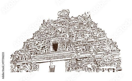 Sketch of Meenakshi Amman Temple, Madurai, Tamil Nadu, India in vector illustration. 
