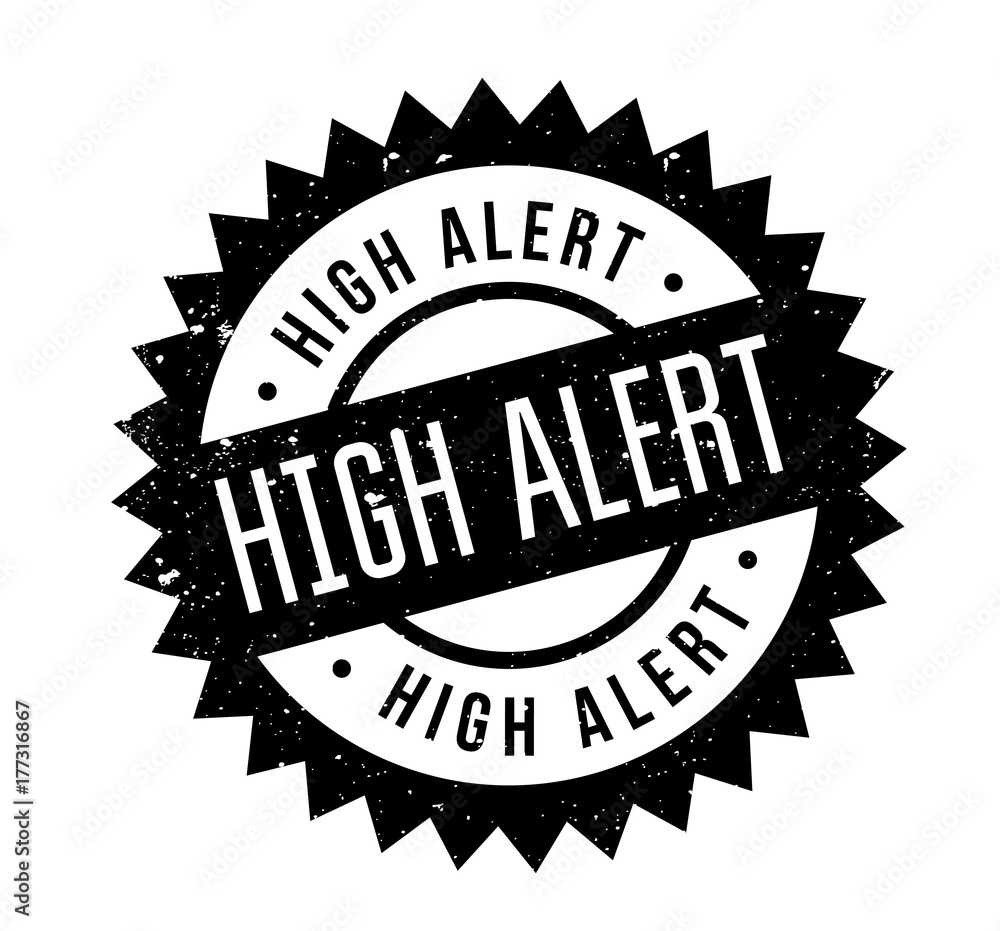 High Alert rubber stamp. Grunge design with dust scratches. Effects can be easily removed for a clean, crisp look. Color is easily changed. High Alert rubber stamp. Grunge design with dust scratches. Effects can be easily removed for a clean, crisp look. Color is easily changed.