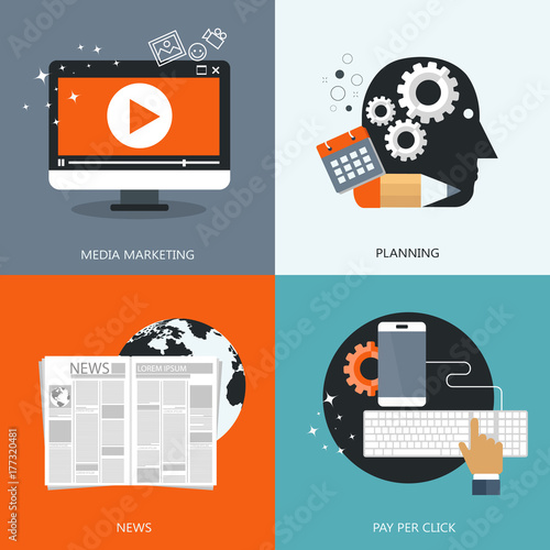 Set of flat design concept icons for web and mobile phone services and apps. Icons for media marketing, project planning, news and pay per click