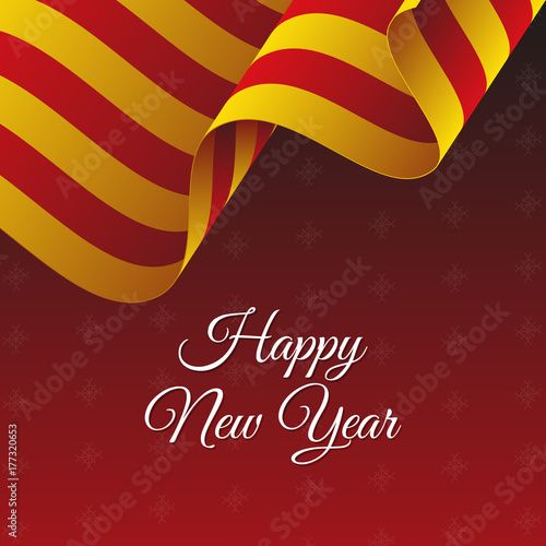 Happy New Year banner. Catalonia waving flag. Snowflakes background. Vector illustration.