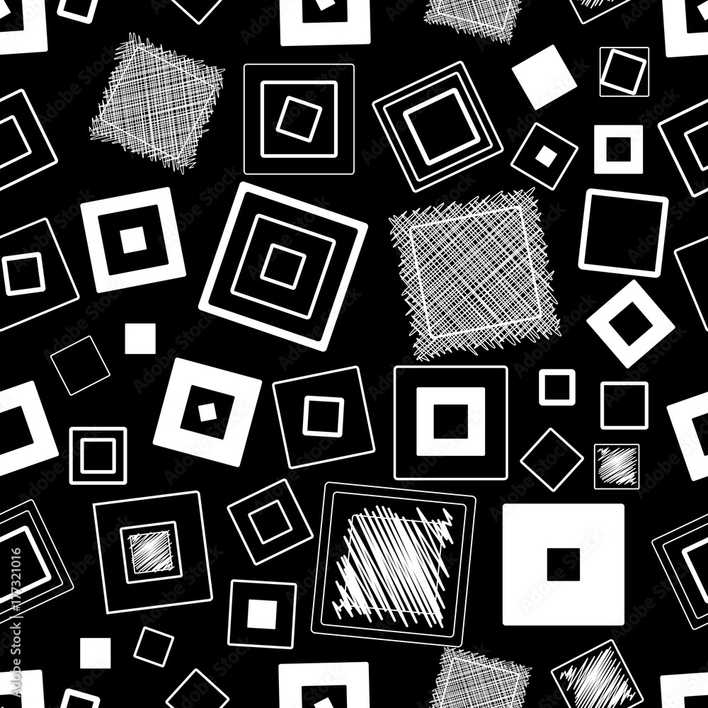 Seamless vector pattern. Squares and scribbles. Black and white