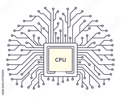 Microchip icon monochrome silhouette on white background. Tracks of a printed circuit board in the form of a brain. CPU logo. Vector illustration.