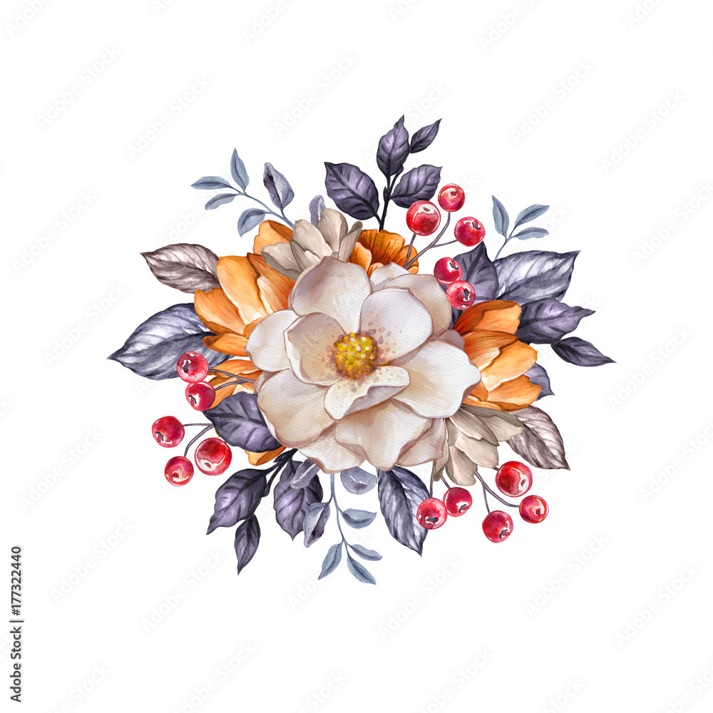 Fototapeta premium round floral bouquet, autumn botanical background, watercolor illustration, fall bridal flowers, clip art isolated on white