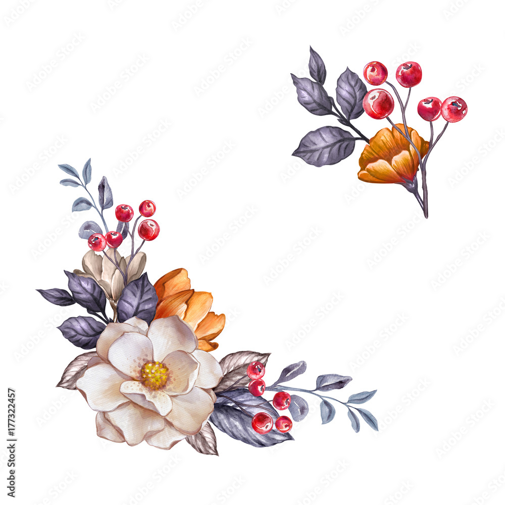 Obraz premium autumn floral design elements set, watercolor botanical illustration, fall flowers, dried leaves, corner decoration, clip art isolated on white background
