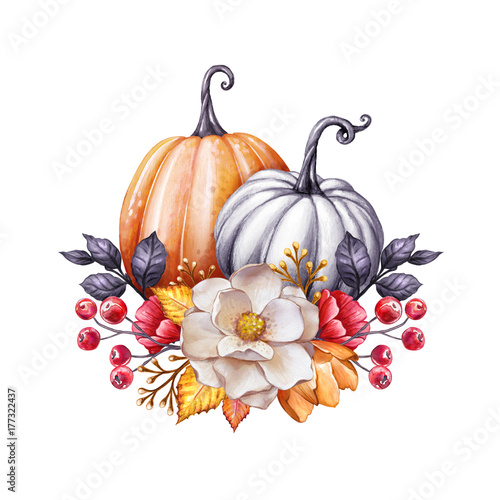 floral pumpkins, Thanksgiving watercolor illustration, autumn flowers, harvest, botanical fall decor, festive clip art isolated on white background photo