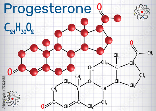 Progesterone (endogenous steroid , progestogen sex hormone ) - structural chemical formula and molecule model. Sheet of paper in a cage