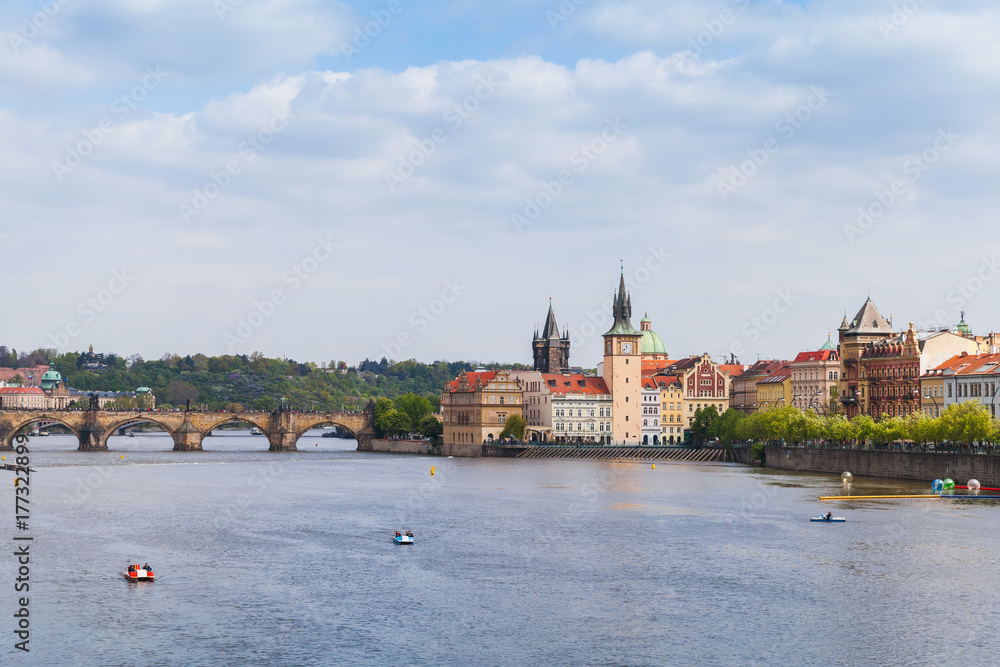 Old Prague view. Vltava river, Charles Bridge