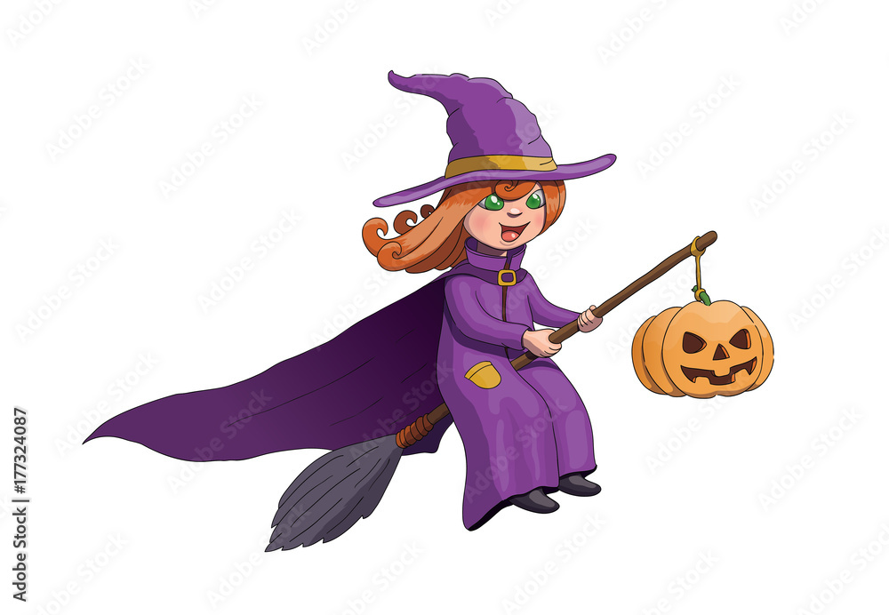Halloween Witch on Broom With Pumpkin
