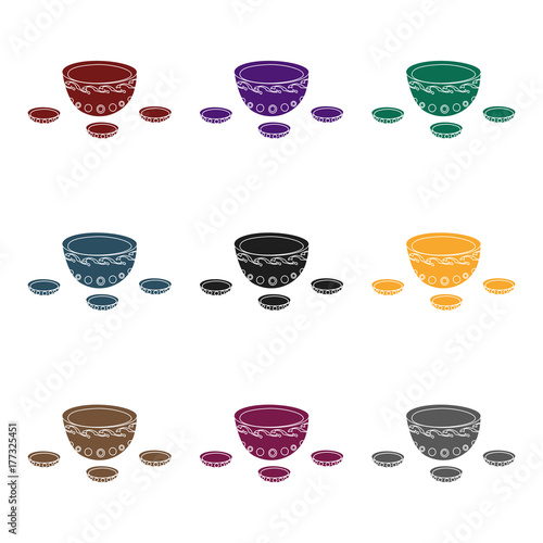 A plate with three cups and Mongolian ornaments.The national dish of the Mongols.Mongolia single icon in black style vector symbol stock illustration.