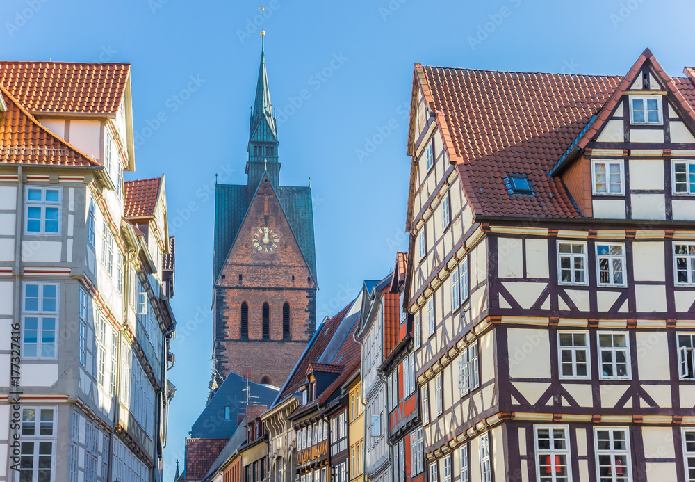 Half-timbered houses and church tower in Hannover