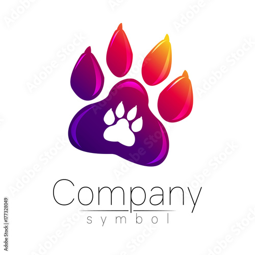 Symbol of pet paw. Animal sign for company, shop, web, medicine, veterinarian and clinic. Vector emblem dog foot. Vioet gradient logo. Bright modern logotype. Isolated on white background
