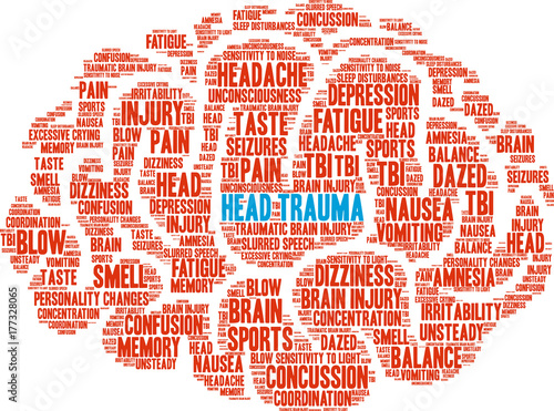 Head Trauma Word Cloud on a white background. 