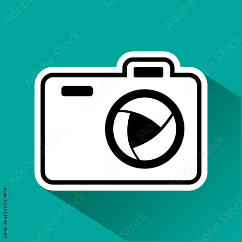 Black and white camera with shadow on turquoise background. Vector illustration