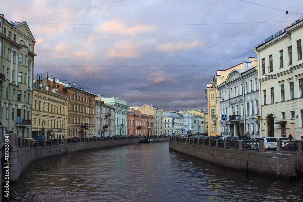 The River Moika in the city of St. Petersburg, historic houses, the view of the Moika River near the house where in the 18th century   lived Russian poet Pushkin.