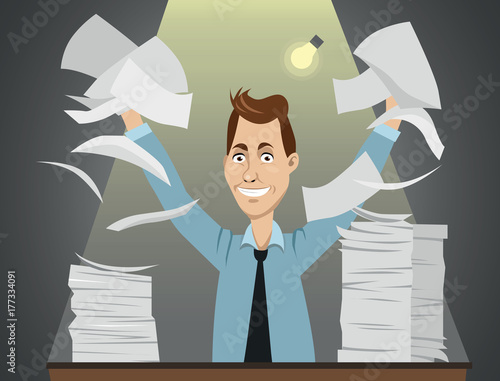 Funny happy vector cartoon character - office worker sitting behind the table with a lot of paperwork