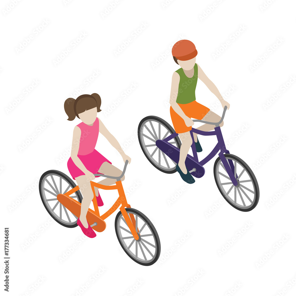 Fototapeta premium Boy and girl cyclists riding on a bicycle. Flat 3d isometric vector illustration. Brother and sister