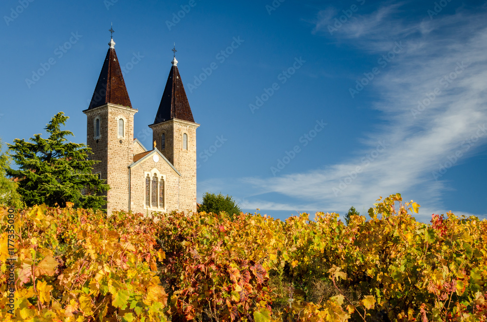Church with two bell towers in french vineyard at fall season