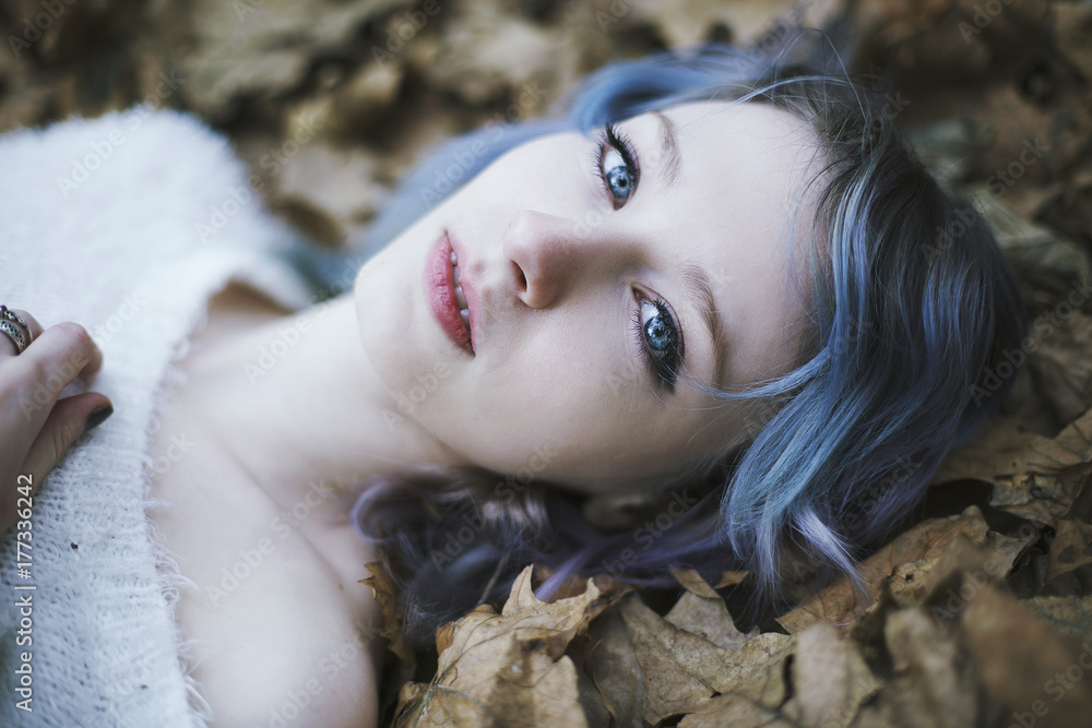 Portrait of a beautiful young woman lying down in autumn leaves Portrait of a beautiful young woman lying down in autumn leaves