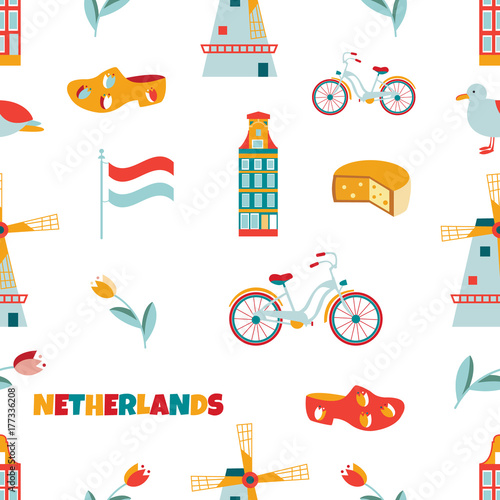 Bright seamless pattern with different elements and landmarks of Netherlands.