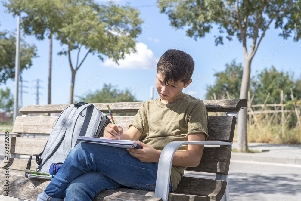 Portrait of a teenager boy sitting doing his homework Portrait of a teenager boy sitting doing his homework