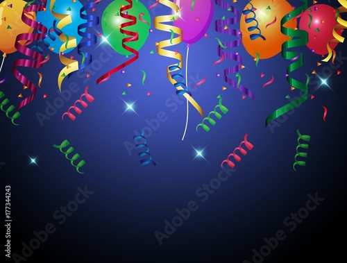 Colorful birthday balloons and confetti on blue background
