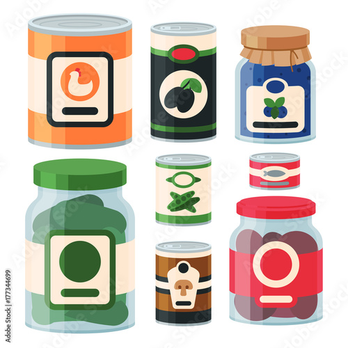 Collection of various tins canned goods food metal and glass container vector illustration.