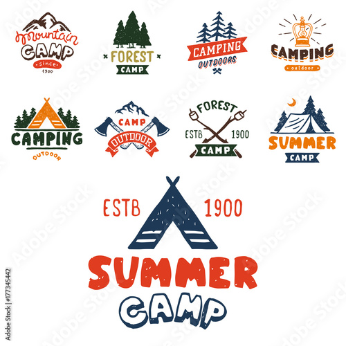 Set of vintage woods camp badges and travel logo hand drawn emblems nature mountain camp outdoor vector illustration.