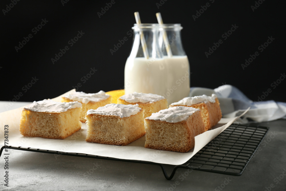 Pieces of tasty banana cake on cooling rack Pieces of tasty banana cake on cooling rack