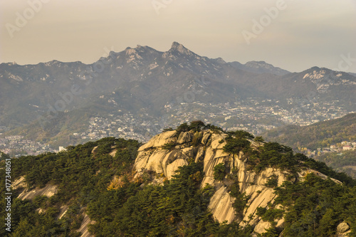 Seoul, South Korea - View from Inwangsan (Korean: ???????) towards the Bukhansan National Park (?_??????_?__?_??_?). photo