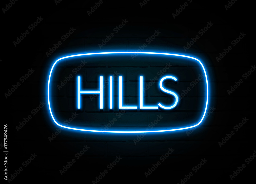 Hills - colorful Neon Sign on brickwall Hills - colorful Neon Sign on brickwall