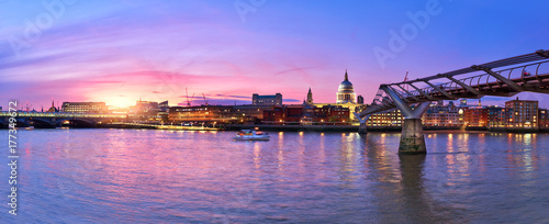 Illuminated London  view over Thames river from South Bank Ennbankment at sunset