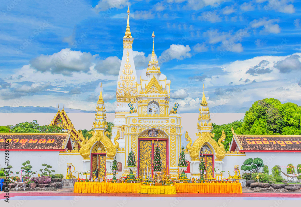 Naklejka premium Abstract soft focus the sanctuary, temple, beautiful sky cloud.The public properties at Wat Phra That Phanom, Nakhon Phanom Province, Thailand.(The Thai language mean Phra That Phanom temple)