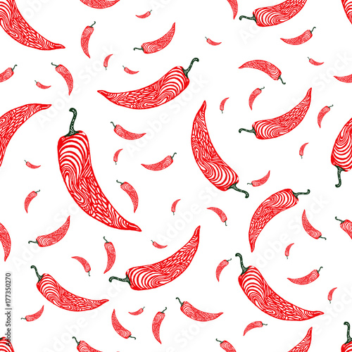 Seamless pattern with hand drawn red hot chili pepper on a white background. Vector swatch.
