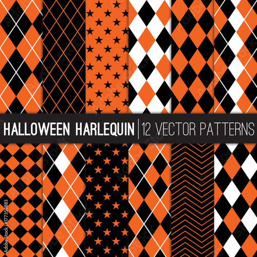 Halloween Harlequin Vector Patterns in Orange and Black Argyle, Diamond, Checkers, Chevron and Stars. Pattern Swatches Made with Global Colors.