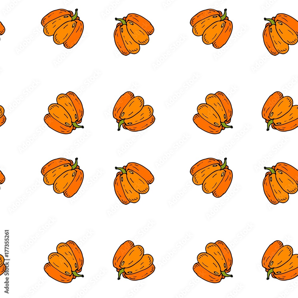 Seamless pattern with hand drawn doodle Autumn pumpkin Vector illustration. Thanksgiving Cartoon celebration element: colorful orange bittersweet pumpkin, traditional harvest vegetable holiday symbol.