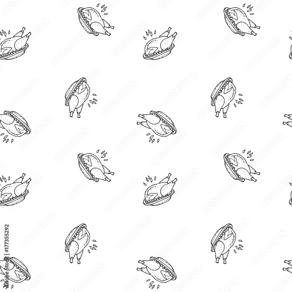 Seamless pattern hand drawn doodle Thanksgiving roasted turkey icon. Vector illustration autumn holiday symbol Cartoon celebration element Hot baked turkey on the plate Cranberry sauce Fried chicken