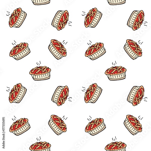Seamless pattern with hand drawn doodle Thanksgiving icon - traditional lattice upper crust apple pie isolated on white background. Vector illustration. Shortcrust pastry with apple filling