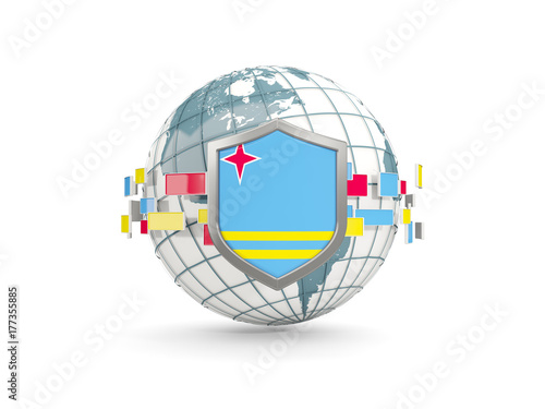 Globe and shield with flag of aruba isolated on white