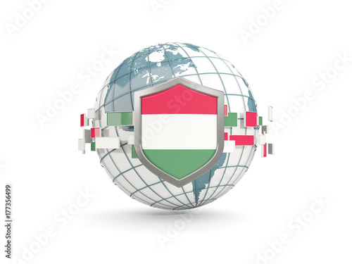 Globe and shield with flag of hungary isolated on white