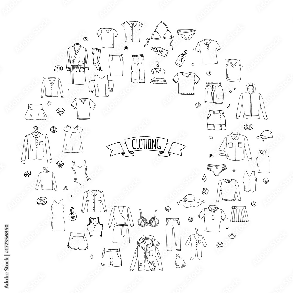 Hand drawn doodle Clothing icons set. Vector illustration.Isolated apparel symbols collection. Cartoon cloth elements: Skirt Shirt T-shirt Shorts Dress Hoodie Underware Blouse Pants Socks Hat Cap Top