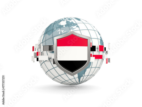 Globe and shield with flag of yemen isolated on white