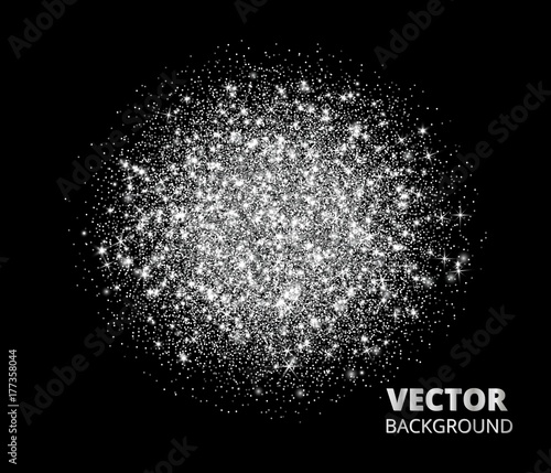 Festive silver sparkle background, glitter circle. Vector dust, diamonds, snow on black.